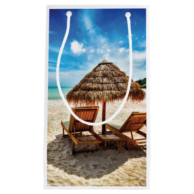 Lounge chairs on beach throw pillow small gift bag (Front)