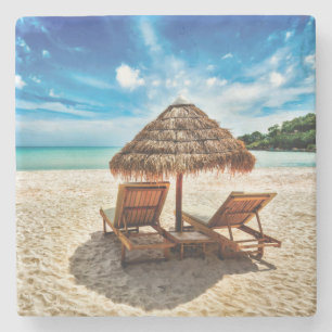 Lounge chairs on beach throw pillow stone coaster