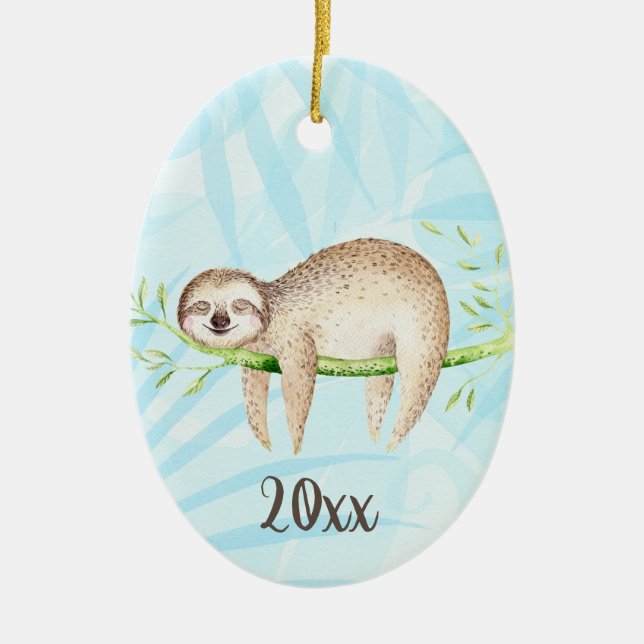 Lounging Sloth Keepsake Customisable Year Ceramic Tree Decoration (Front)