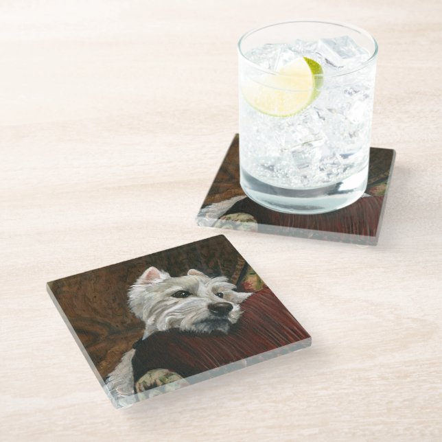 Lounging Westie on Sofa Glass Coaster (Angled)