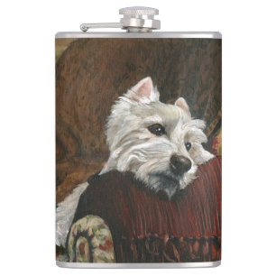 Lounging Westie on Sofa Hip Flask