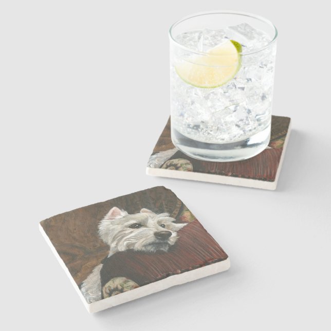 Lounging Westie on Sofa Stone Coaster (Side)
