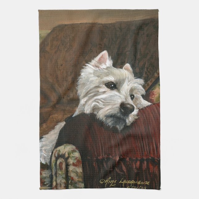Lounging Westie on Sofa Tea Towel (Vertical)