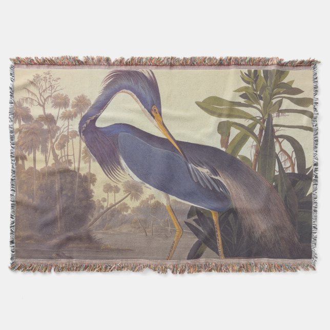Lousiana Heron in Grey, Green, and Blue by Audubon Throw Blanket (Front)