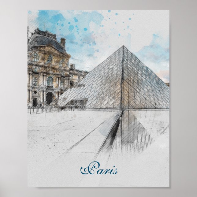 Louvre Museum Watercolor – Paris France Wall Art  (Front)