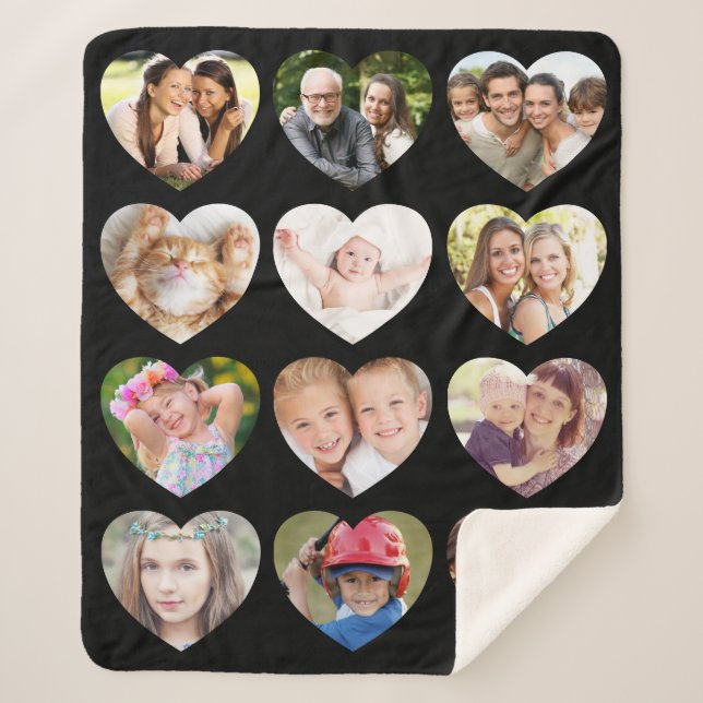 Love 12 Photo Heart Collage Black Sherpa Blanket (Front)