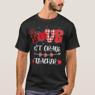 Love 1st Grade Teacher Heart Leopard Buffalo Plaid T-Shirt