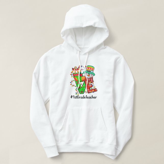 LOVE 1st Grade Teacher Snowman Santa Hat Christmas Hoodie (Design Front)