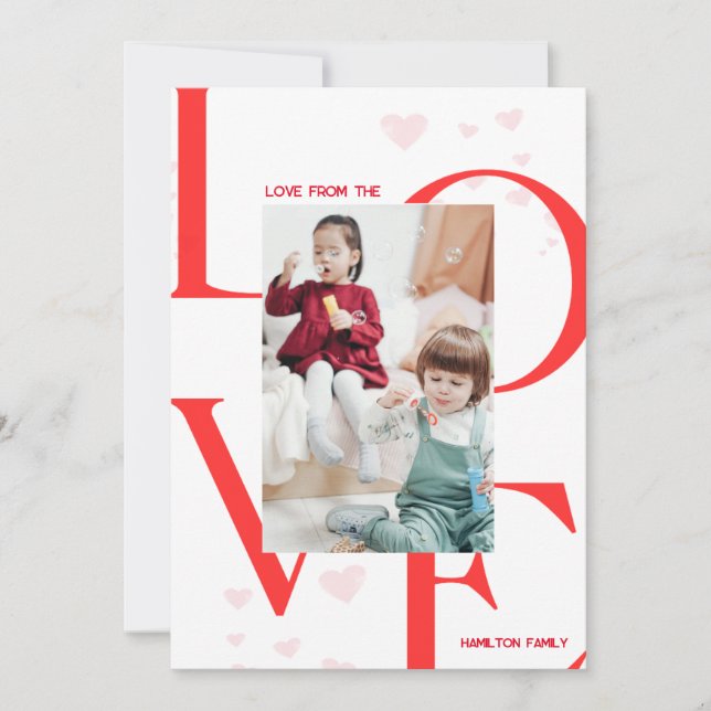 LOVE 3 Photo Valentines Day Card in Red & Pink (Front)