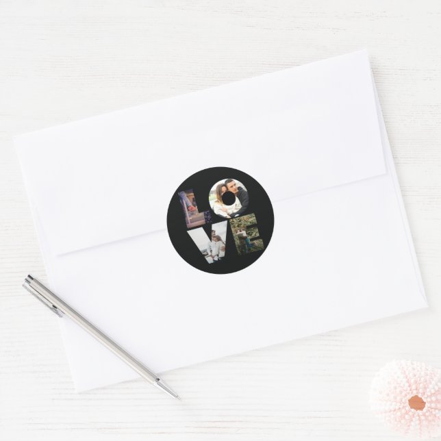 LOVE - 4 Couples/Family Photo Collage - Black Classic Round Sticker (Envelope)