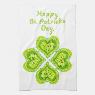 LOVE 4 Leaf Heart Diamonds St Patricks Day Fabric Tea Towel