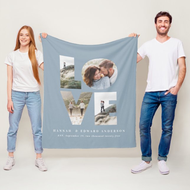 Love 4 photo dusty blue modern personalised gift fleece blanket (In Situ)