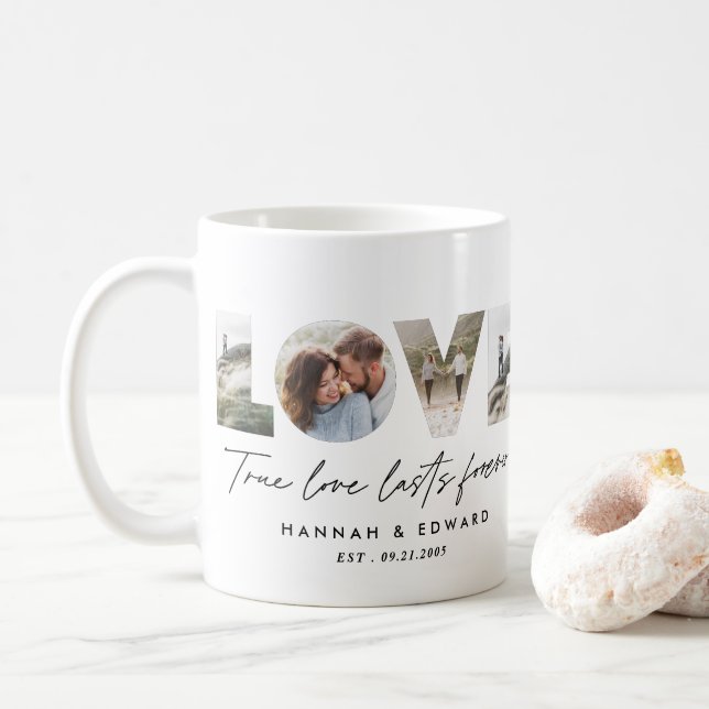 Love 4 photo modern minimal personalised gift coffee mug (With Donut)