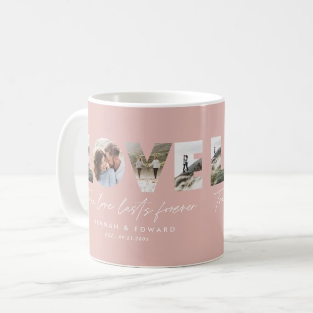 Love 4 photo modern minimal personalised gift pink coffee mug (Front Left)