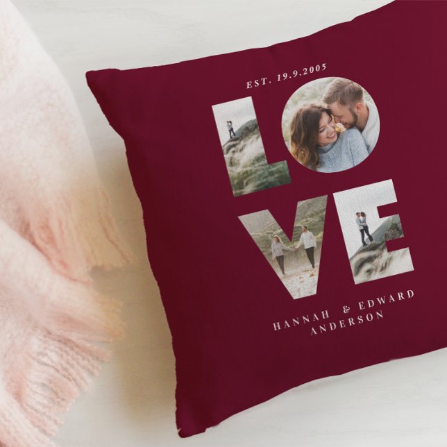 Love 4 photo simple modern personalised burgundy cushion (Creator Uploaded)