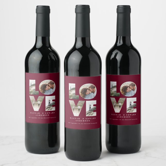 Love 4 photo simple modern personalised burgundy wine label (Bottles)