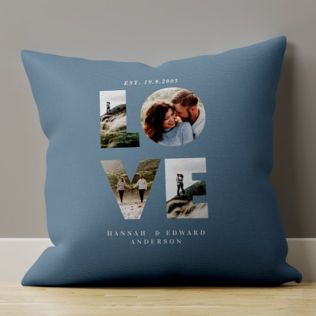 Love 4 photo simple modern personalised gift blue cushion (Creator Uploaded)