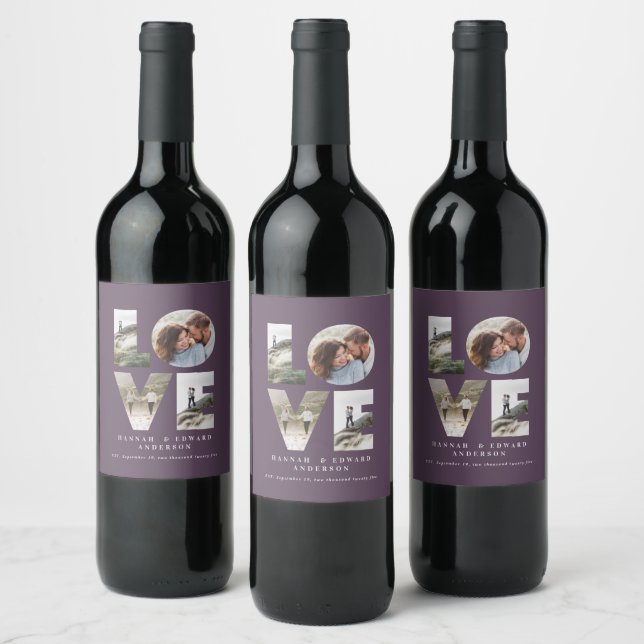 Love 4 photo simple modern personalised gift plum wine label (Bottles)