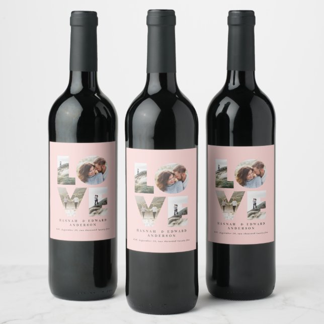 Love 4 photo simple modern personalised pink wine label (Bottles)