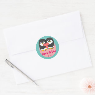 Love a lot Kawaii cute penguins holding red heart Classic Round Sticker