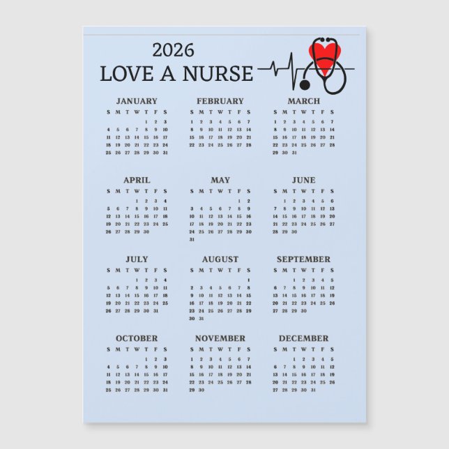 Love a Nurse 2026 Calendar Magnetic Card (Front)