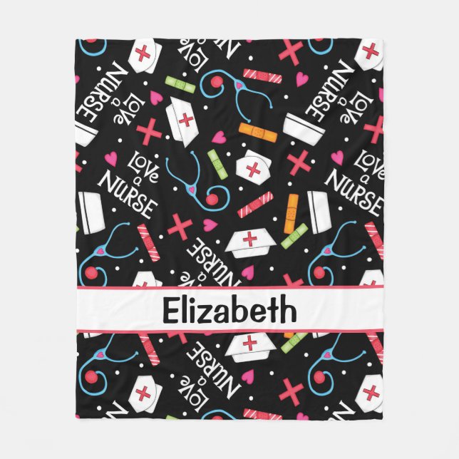 Love a Nurse Art Black Name Personalised Fleece Blanket (Front)