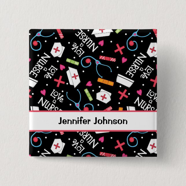 Love a Nurse Art black Name Personalised Pin Badge (Front)