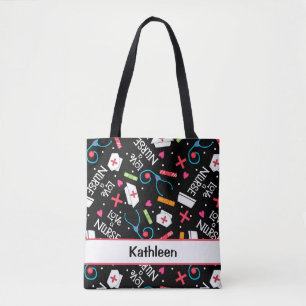 Love a Nurse Art Black Name Personalised Tote Bag