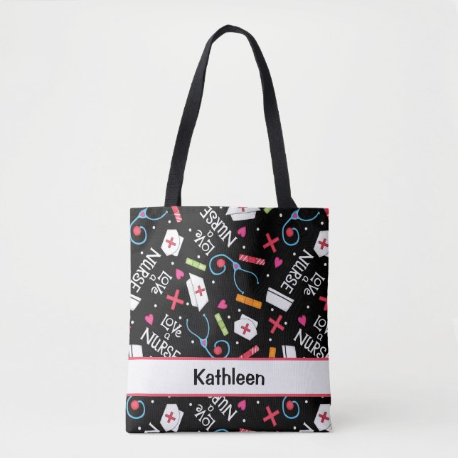 Love a Nurse Art Black Name Personalised Tote Bag (Front)