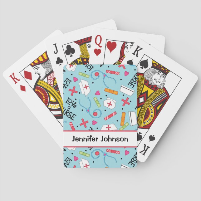 Love a Nurse Art Light Blue Name Personalised Playing Cards (Back)