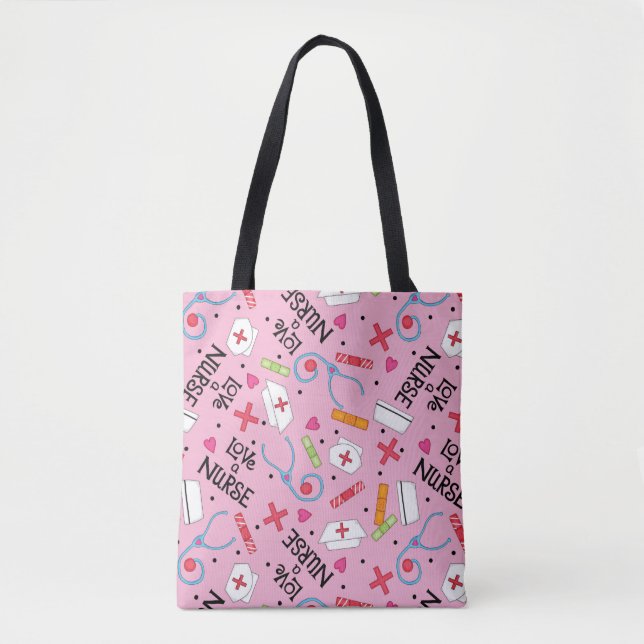Love a Nurse Art Pink with Nurse Motifs Tote Bag (Front)