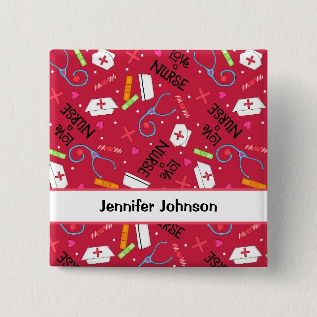 Love a Nurse Art Red Name Personalised Badge (Front)