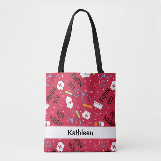 Love a Nurse Art Red Name Personalised Tote Bag (Front)