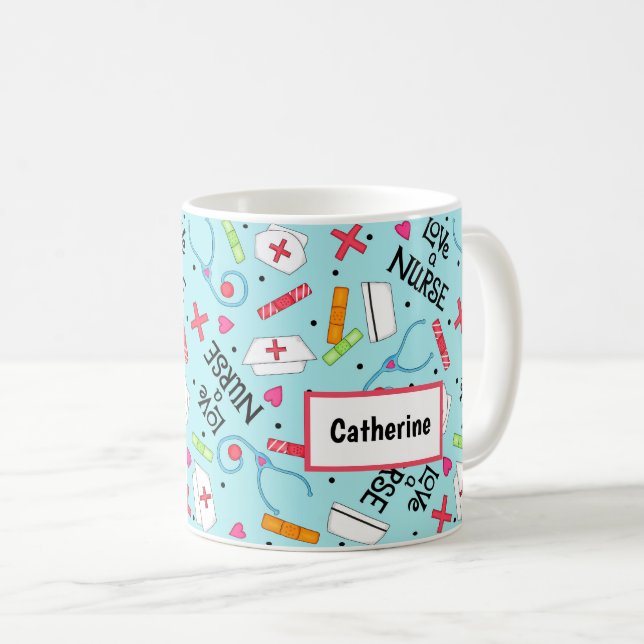 Love A Nurse Art Turquoise Blue Name Personalised Coffee Mug (Front Right)