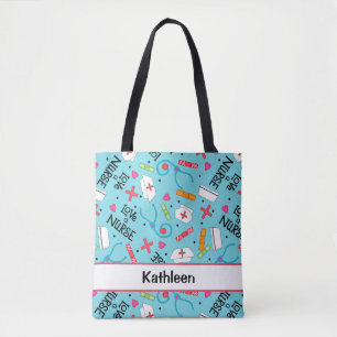 Love a Nurse Art Turquoise Blue Name Personalised Tote Bag