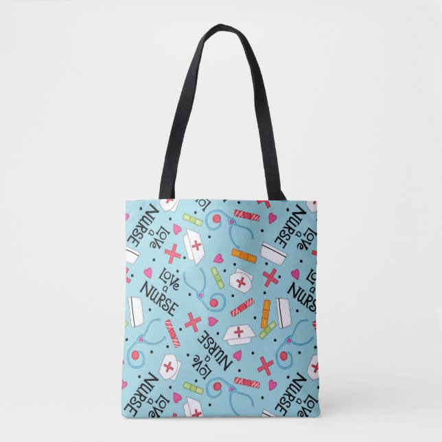 Love a Nurse Art Turquoise with Nurse Motifs Tote Bag (Front)