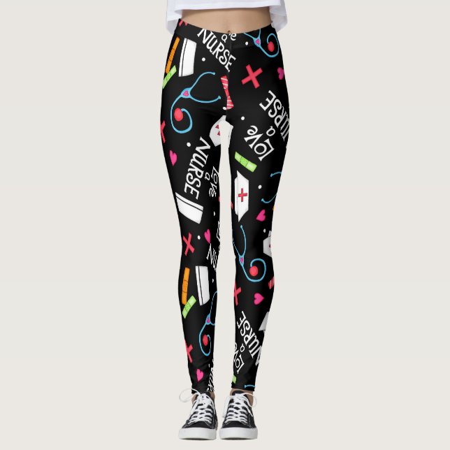 Love a Nurse Colourful Whimsy Art Black Leggings (Front)
