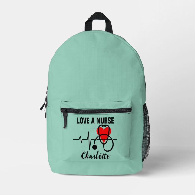 Love a Nurse Heart Stethoscope Design Printed Backpack (Front)