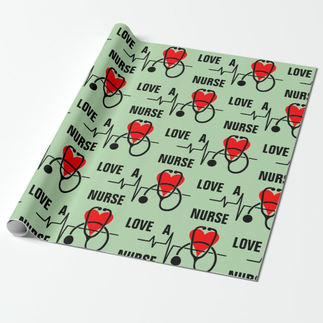 Love a Nurse Heart Stethoscope Design Wrapping Paper (Unrolled)