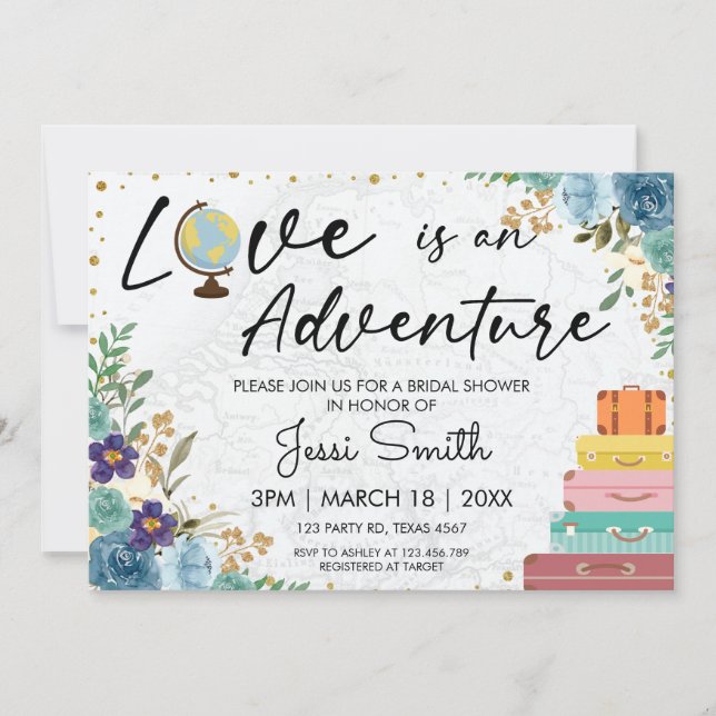 Love Adventure Suitcase Blue Floral Bridal Shower Invitation (Front)