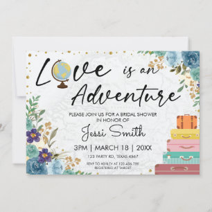 Love Adventure Suitcase Blue Floral Bridal Shower Invitation