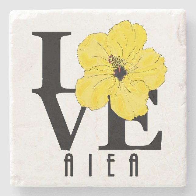 LOVE Aiea Hawaii Yellow Hibiscus Stone Coaster (Front)