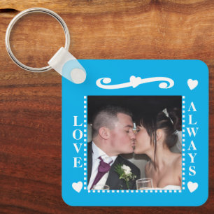 Love always 2 photos add initials white blue key ring