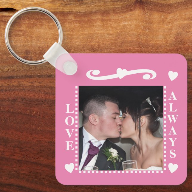 Love always 2 photos add initials white pink key ring (Front)