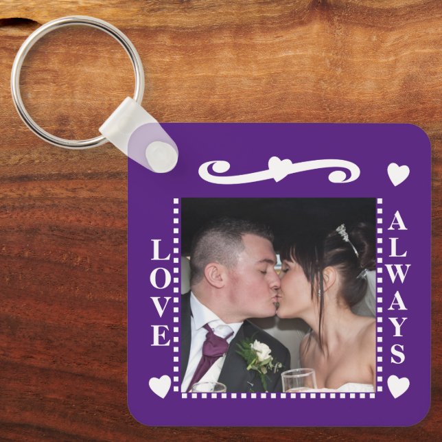 Love always 2 photos add initials white purple key ring (Front)