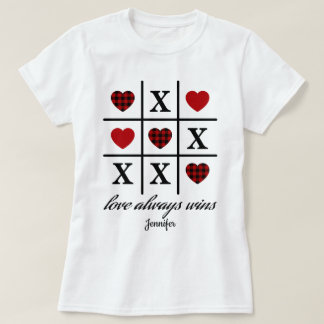 Love Always Wins Tic Tac Toe Red Buffalo Hearts T-Shirt