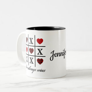 Love Always Wins Tic Tac Toe Red Buffalo Hearts Two-Tone Coffee Mug
