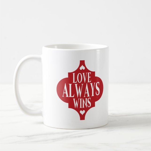 Love always wins Valentines text badge design Coffee Mug (Left)