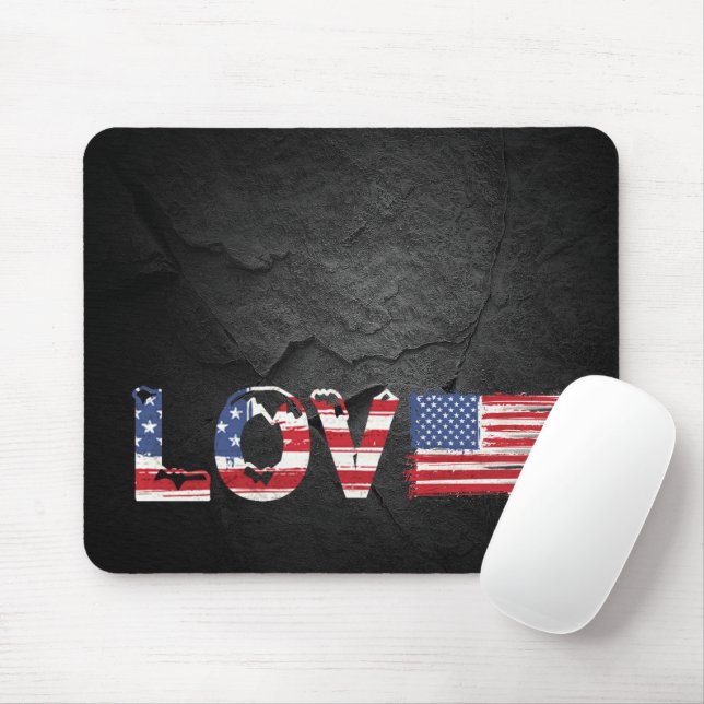 Love American Flag on Black Rock Mouse Mat (With Mouse)