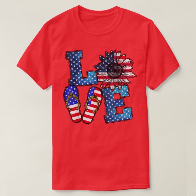 LOVE American Flag Sunflower 4th Of July  T-Shirt (Design Front)